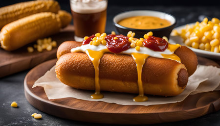 Close-up shot of a corn dog topped with cheese, ketchup and corn kernels.の写真素材