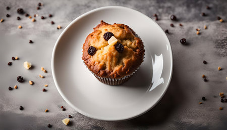 A close up shot of a muffin with white chocolate and raisins on a white plate against a gray background.の写真素材