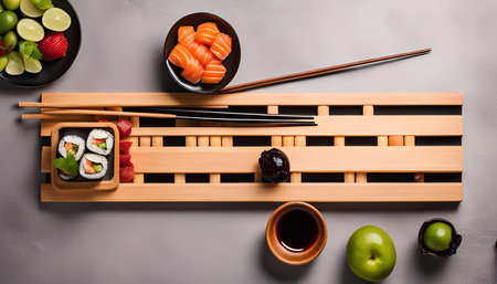 A beautifully arranged sushi set with fresh salmon, avocado, and rice. The sushi is served on a wooden tray with chopsticks, soy sauce, and ginger. The fresh ingredients add a vibrant pop of color to the dish.の写真素材