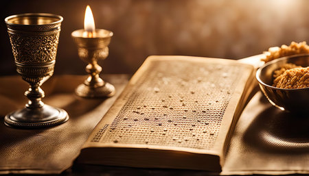 A close-up still life featuring a book, a lit candle, and two silver chalices, evoking a sense of...