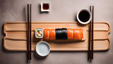 A close-up of a plate of salmon sushi with soy sauce and chopsticks on a table, ready to be eaten.の写真素材