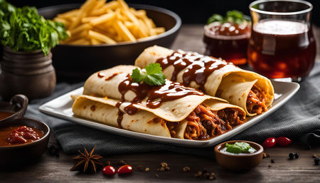 Two burritos topped with a flavorful sauce and garnished with cilantro, served on a white plate with...