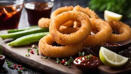 A close up shot of crispy fried onion rings with a side of ketchup sauce. The onion rings are golden brown and look delicious.の写真素材