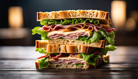 A close-up shot of a delicious ham and cheese sandwich with fresh lettuce on a wooden table. The sandwich is stacked high with layers of ham, cheese, and lettuce, and it looks incredibly appetizing.の写真素材