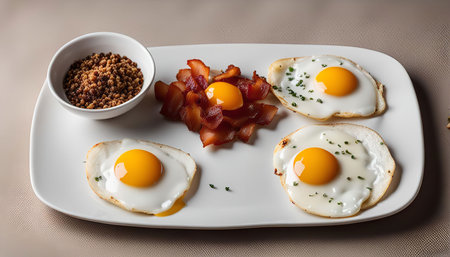 A classic breakfast plate with fried eggs, crispy bacon, and crunchy croutons.の写真素材