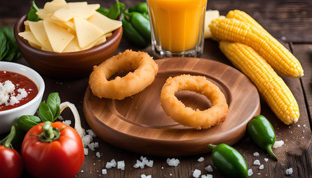 A close-up shot of crispy onion rings on a wooden plate with side dishes of cheese slices, corn on the cob, tomatoes, and jalapenos.の写真素材