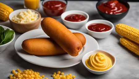 A close-up shot of two corn dogs on a white plate surrounded by various dips and side dishes, including ketchup, mustard, cheese, and corn.の写真素材