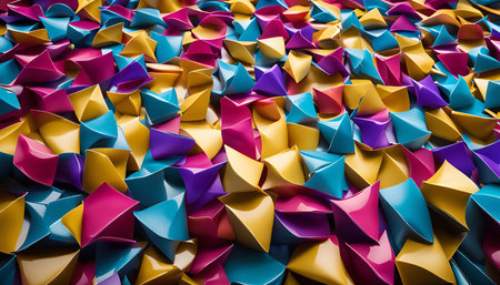 A vibrant abstract background featuring a chaotic arrangement of geometric shapes in various shades...