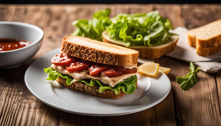 A close-up of a delicious sandwich with fresh tomatoes and lettuce, placed on a white plate, along with a bowl of ketchup and a side of lemon, on a rustic wooden table.の写真素材