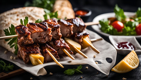 Grilled skewers with lemon and parsley on a wooden table.の写真素材