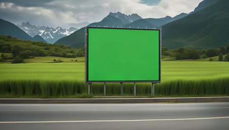 A blank billboard stands beside a highway in a scenic mountain setting. The green grass and lush meadows in the foreground contrast with the snow-capped peaks of the mountains in the background, creating a stunning landscape.の写真素材