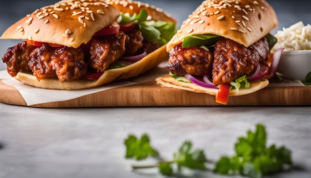 Two mouthwatering burgers with juicy meat, fresh vegetables and sesame seed bunの写真素材