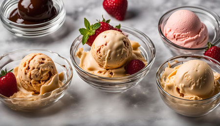 Close-up shot of vanilla ice cream scoops in glass bowls, topped with strawberries and a side of...