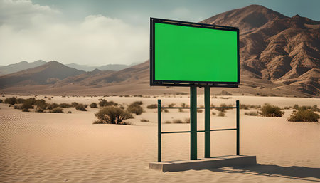 A large green screen billboard stands alone in a vast desert landscape, surrounded by sand dunes and mountains.の写真素材