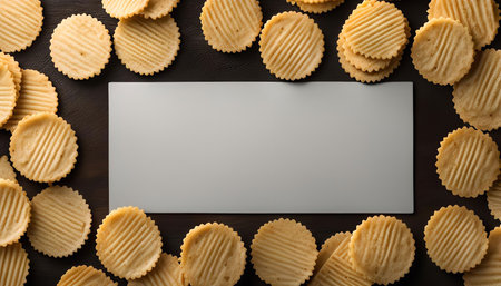 Overhead shot of crispy chips on a dark surface with a blank white card in the center. The chips frame the card, offering space for text or branding.の写真素材