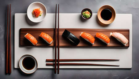 A beautifully arranged sushi platter featuring salmon nigiri, nori rolls, and soy sauce, accompanied by chopsticks on a gray background.の写真素材