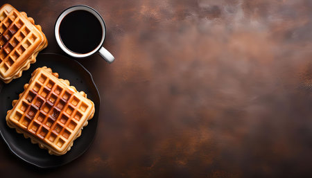 A close-up of a delicious breakfast spread, featuring freshly baked waffles and a steaming cup of coffee. The waffles are golden brown and crispy, perfect for a delightful morning meal.の写真素材