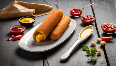 Two golden brown corn dogs on a white plate with various dipping sauces.の写真素材