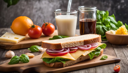 A fresh and delicious sandwich made with cheese, tomatoes, onions and lettuce, perfect for a quick and healthy lunch.の写真素材