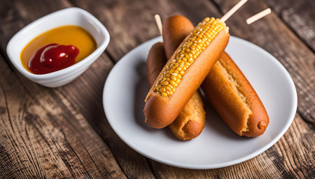 Three corn dogs on a white plate, with a small bowl of mustard and ketchup on a wooden table.の写真素材