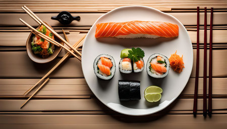 A close-up shot of a plate of sushi, featuring salmon nigiri and maki rolls, garnished with lime and ginger. The plate is set on a wooden table with chopsticks.の写真素材