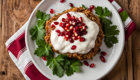 A close-up view of a Middle Eastern dish topped with pomegranate seeds and yogurt, served on a white plate. The dish is surrounded by fresh parsley leaves and rests on a wooden background.の写真素材