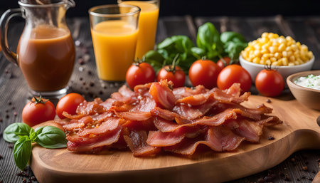 A close-up shot of crispy bacon on a wooden board, surrounded by fresh tomatoes, herbs, and other breakfast ingredients. The bacon is cooked to a golden brown and looks delicious.の写真素材