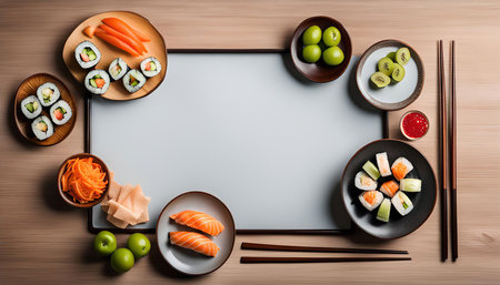 A delicious sushi platter with fresh ingredients, featuring various rolls, salmon, cucumber, avocado, kiwi, carrot, and chopsticks, arranged on a wooden table.の写真素材