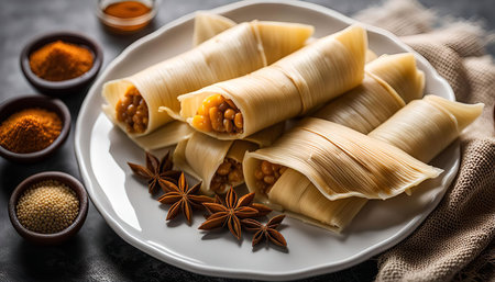Close-up shot of freshly prepared tamales wrapped in corn husks, ready to eat. The tamales are arranged on a white plate, with a few star anise stars for decoration.の写真素材