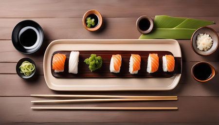 A close-up image of a sushi set with salmon and white fish. The sushi pieces are arranged on a wooden plate, and the table is covered with a brown tablecloth. There are also bowls of soy sauce, ginger, and wasabi.の写真素材