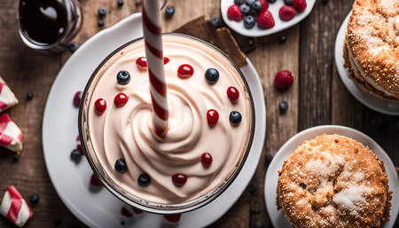 A close-up image of a glass of milkshake with whipped cream and berries on a wooden table. The milkshake is topped with whipped cream and blueberries. There is also a straw in the milkshake. The table is wooden and has a rustic feel. The milkshake is surrounded by other ingredients, such as strawberries, raspberries, and chocolate.の写真素材