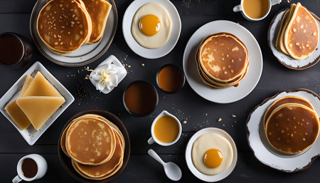 A delicious breakfast spread featuring a stack of pancakes, coffee, and syrup. The image is shot from overhead, giving a clear view of the arrangement and highlighting the warm, inviting colors of the food.の写真素材