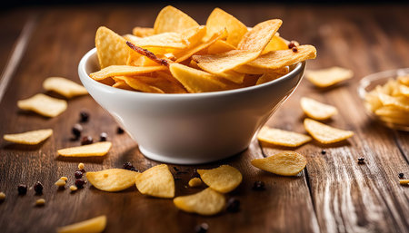A white bowl filled with crispy potato chips sits on a wooden table, scattered chips around. The chips have a golden, crispy texture, making them look delicious and ready to eat.の写真素材