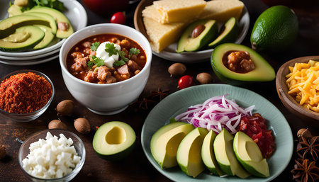 A close-up shot of a bowl of chili, surrounded by various toppings and ingredients. The chili is a vibrant red and is topped with sour cream and cilantro. The toppings include sliced avocados, diced tomatoes, and shredded cheese.の写真素材