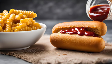 A close up shot of a hot dog with ketchup and corn on the side.の写真素材