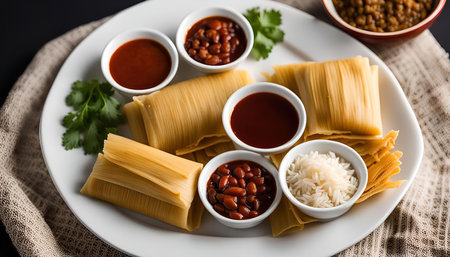 A platter of tamales with various toppings including red sauce, beans, and rice.の写真素材