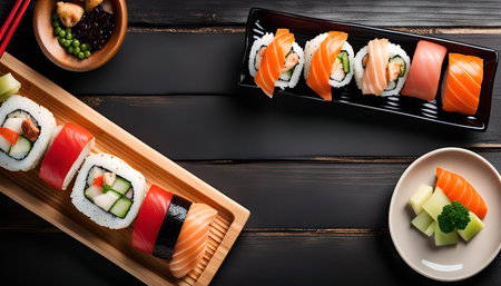 Close up of a variety of delicious sushi rolls arranged on a wooden tray with a black background.の写真素材