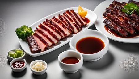 A mouthwatering roasted duck dish featuring crispy skin and tender meat, served on a white plate with dipping sauce and garnishes.の写真素材