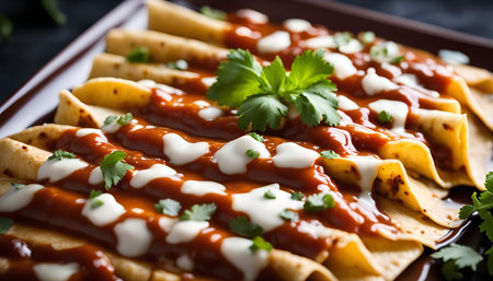 A plate of enchiladas covered in red sauce and sour cream, topped with fresh cilantro. The enchiladas are a classic Mexican dish, perfect for a comforting meal.の写真素材