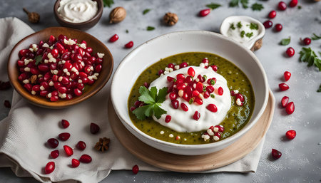 A bowl of green cream soup topped with a dollop of whipped cream, pomegranate seeds, and a sprig of parsley. The soup is garnished with additional pomegranate seeds and parsley.の写真素材