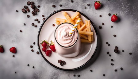 A strawberry milkshake with coffee beans scattered around, presented on a white plate with a straw. A refreshing and sweet treat perfect for any occasion.の写真素材