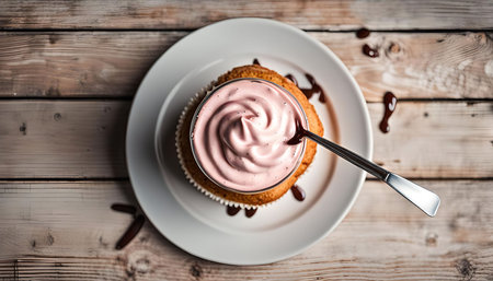 A close-up, overhead shot of a pink cupcake topped with whipped cream and drizzled with chocolate on a wooden table.の写真素材