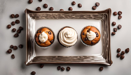 Three chocolate chip muffins with white frosting on a tray with chocolate chips scattered aroundの写真素材