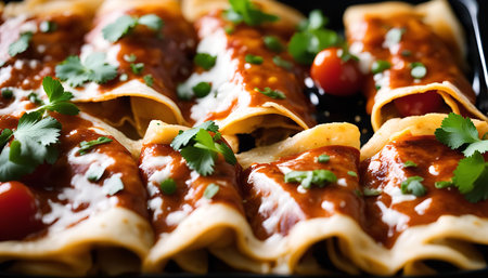 Close-up shot of a plate of freshly made enchiladas, topped with a rich sauce and cilantro. A sprinkle of cheese adds to the allure, making it an irresistible Mexican dish.の写真素材
