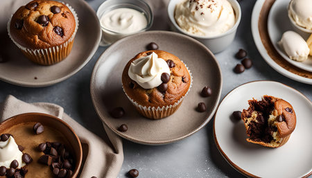 A close up of chocolate chip muffins with whipped cream, shot on a gray background.の写真素材