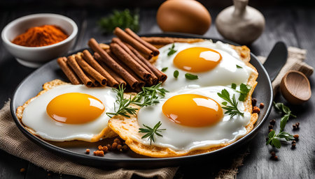 Three sunny side up eggs on a black plate, with cinnamon sticks, parsley, rosemary, and garlic cloves. A delicious and simple breakfast.の写真素材