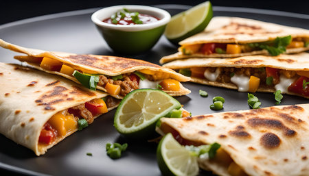 A close-up view of a plate with four quesadillas, filled with cheese, meat, and vegetables, and served with a side of dipping sauce and lime wedges. The quesadillas are golden brown and crispy, and the filling is visible through the open edges.の写真素材