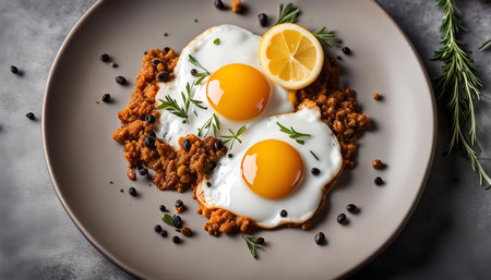 A close-up of two fried eggs on a gray plate. The eggs are surrounded by rosemary sprigs, peppercorns, and a slice of lemon.の写真素材