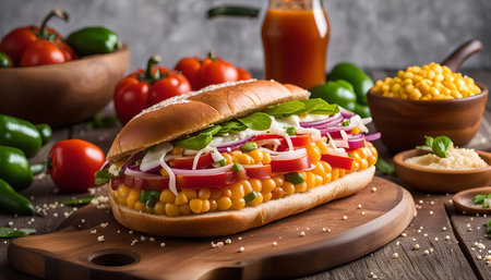 A close-up shot of a freshly made corn and veggie sandwich on a wooden cutting board. The sandwich is filled with corn, tomato, onion and other fresh vegetables.の写真素材