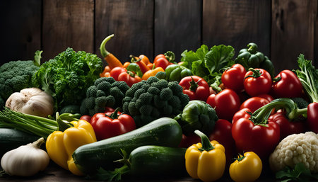 A vibrant display of fresh vegetables including tomatoes, zucchini, broccoli, peppers and garlic, set against a rustic wooden background.の写真素材